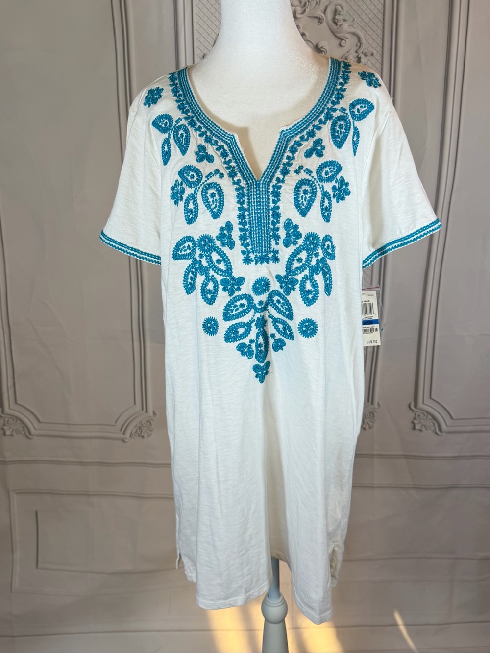 Style & Co Dress XL White Beaded Embroidered Boho Festival Tunic NWT Cotton